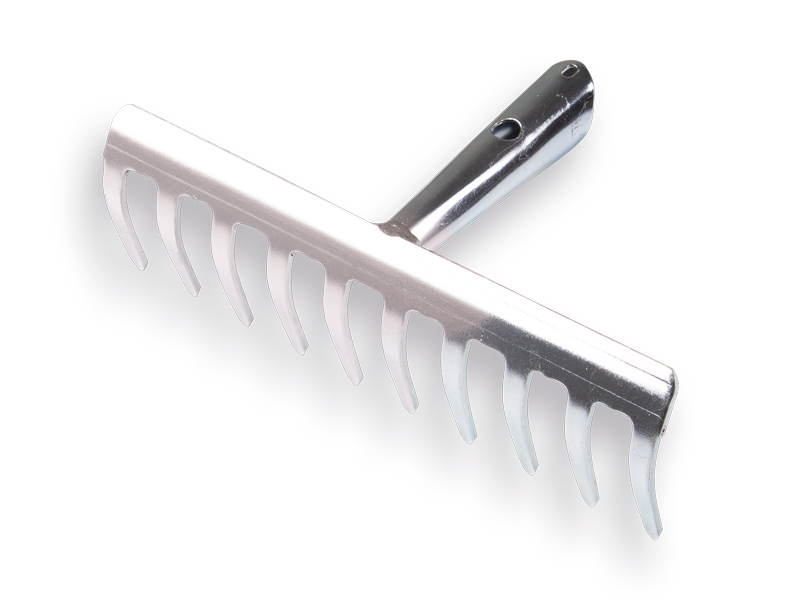 Galvanised garden rake with 10 bent tines, without handle