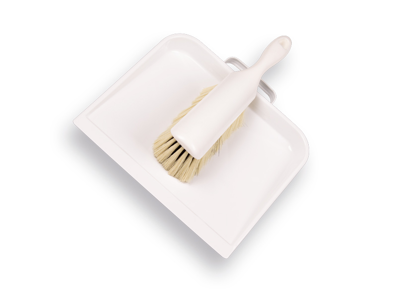 Dustpan and brush, VERO 8452. White brush with PPN synthetic bristles and metal dustpan, width 25.5 cm with short grip