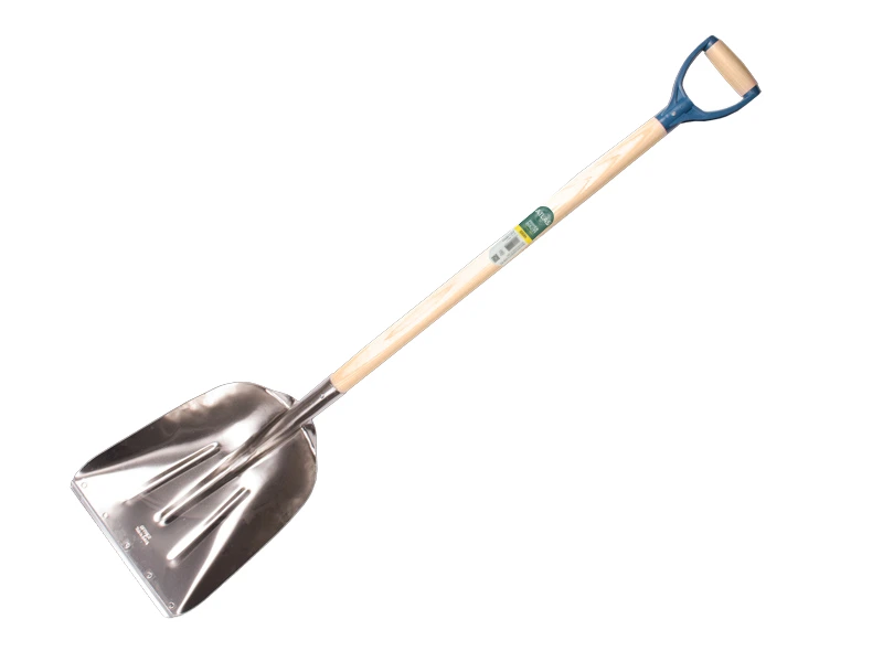 [790160] Grain shovel OFFNER aluminium with wear strip and ATLAS plastic D-handle 95 cm bent, FSC 100%