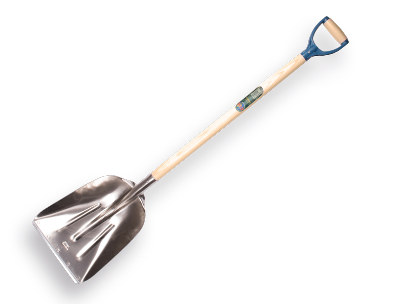 [790160] Grain shovel OFFNER aluminium with wear strip and ATLAS plastic D-handle 95 cm bent