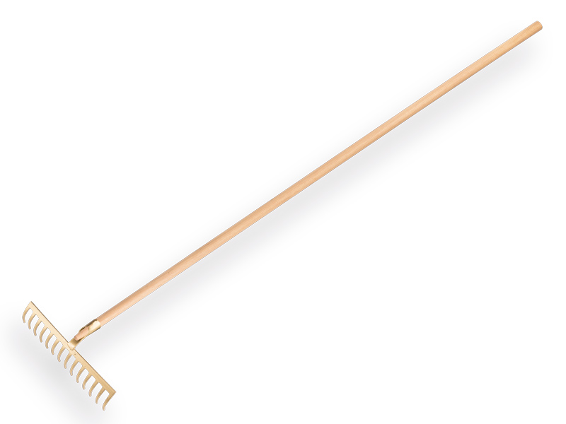 OFFNER Gartenrechen mit Dulle. Gold lakiert mit 14 gebogenen Zinken mit Langstiel 160 x 2,8 cm