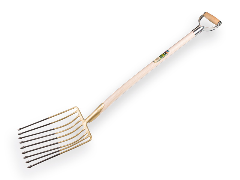 [841020] Fourche à pommes de terre OFFNER 9 dents 26 cm, avec douille de manche et ATLAS manche à poignée en D métallique 95 cm