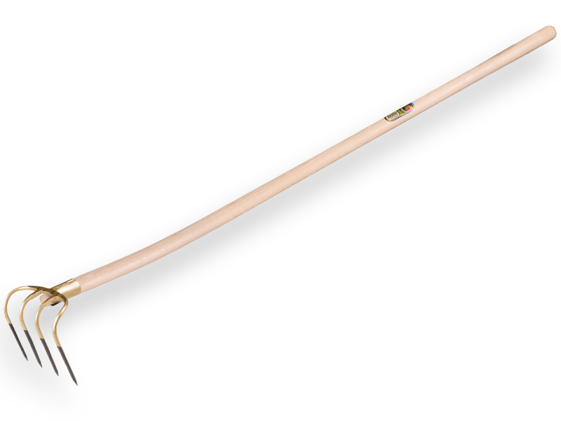 [844452] Manure hook OFFNER 4-tine, short tines 13 cm, with socket and bent ATLAS handle 140 cm, FSC 100%