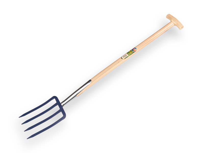 Fourche bêche ATLAS 4 dents bleue, avec bois de frêne manche de bêche en T 85 cm