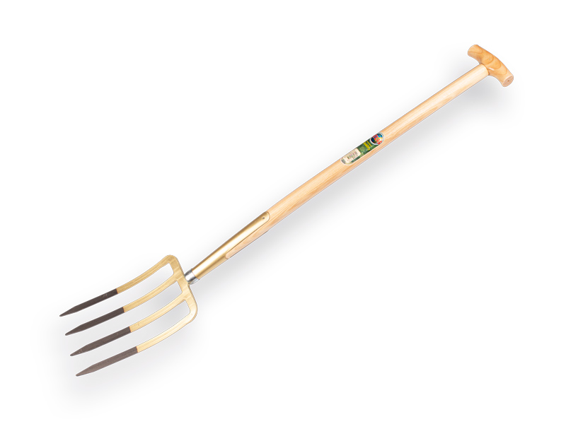 [862130] Fourche bêche OFFNER 4 dents bronze, modèle lourd avec douille et manche de bêche en T ATLAS 90 cm