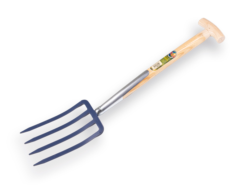 [862150] Fourche bêche ATLAS courte à 4 dents bleue, avec bois de frêne manche de bêche en T 50 cm