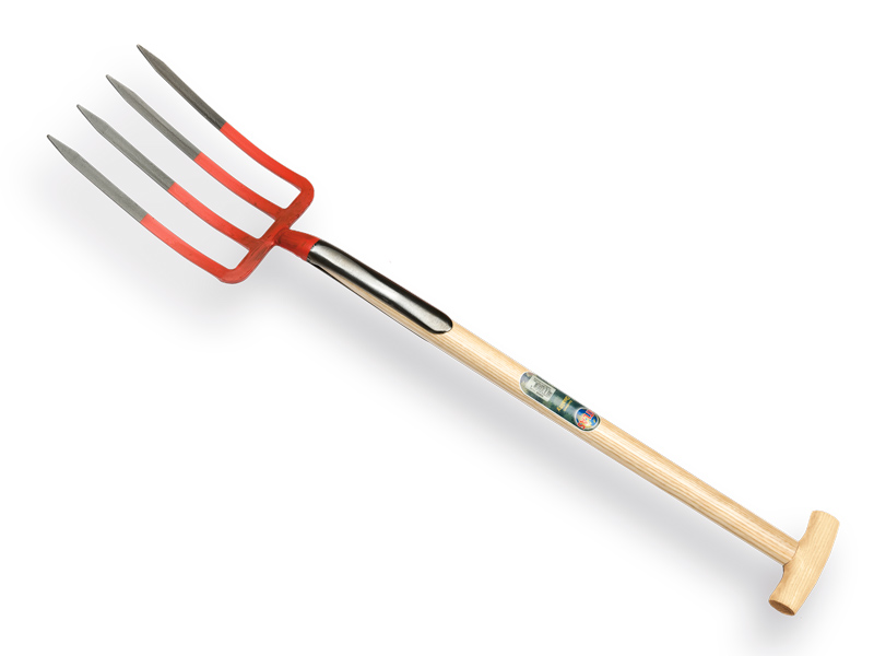 [865855] Digging fork OFFNER 4-tine red, with double spring and ATLAS T-handle 90 cm