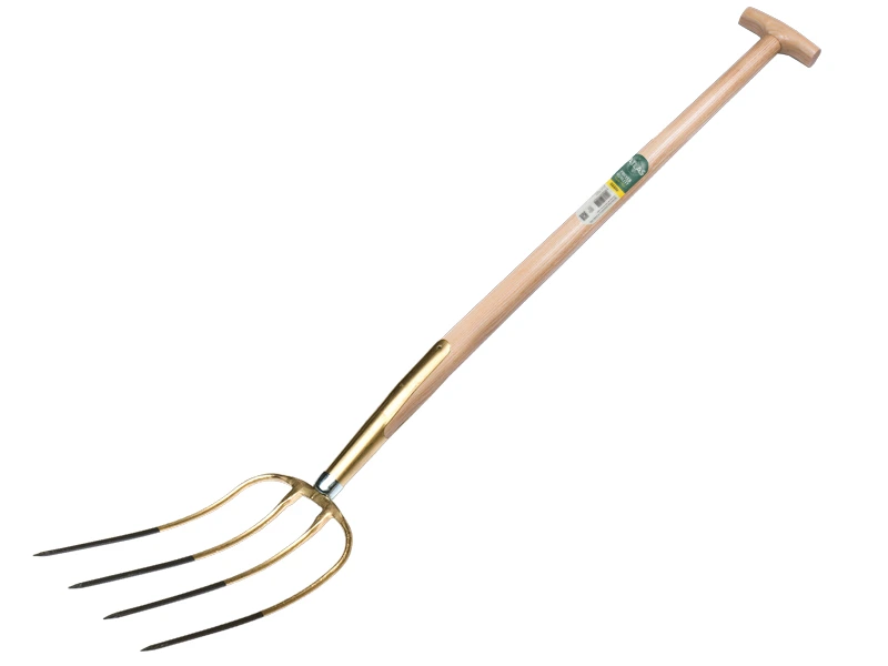 [911074] Manure fork OFFNER 4-tine bronze, with ATLAS T-handle 100 cm