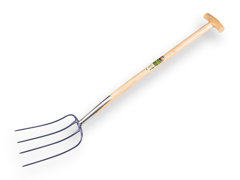 [911170] Fourche à fumier ATLAS 4 dents bleue, avec manche de bêche en T en bois de frêne 85 cm
