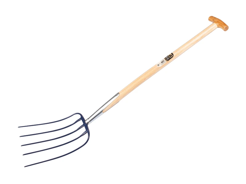 Fourche à fumier Jimmy 5 dents bleue, avec manche de bêche en T en bois de frêne 85 cm