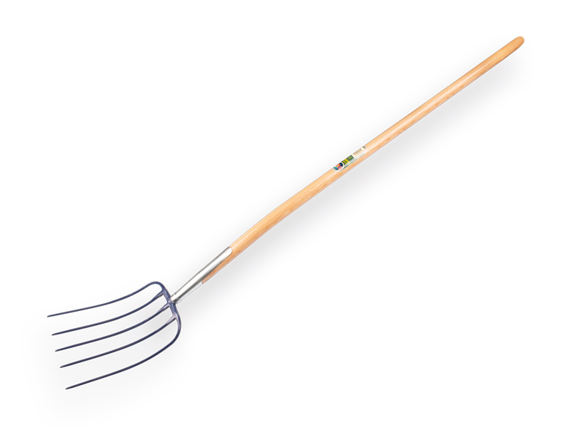Manure fork ATLAS 5 tines blue, with ash wood knob handle 135 cm