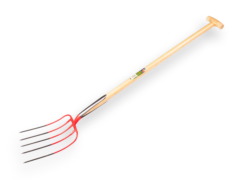 [916501] Fourche à fumier OFFNER 5 dents rouge, avec double ressort et ATLAS manche de bêche en T 100 cm