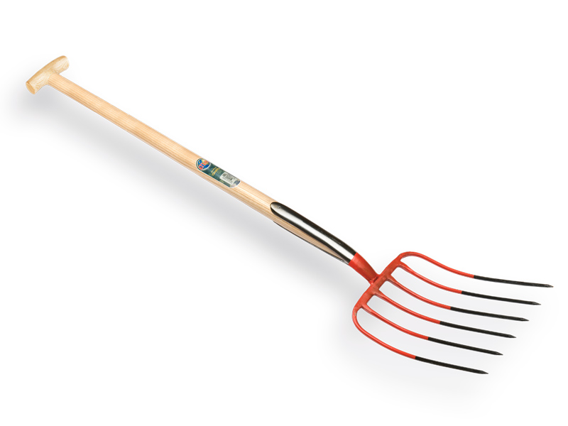 [916600] Fourche à fumier OFFNER 6 dents rouge, avec double ressort et manche de bêche en T ATLAS 90 cm