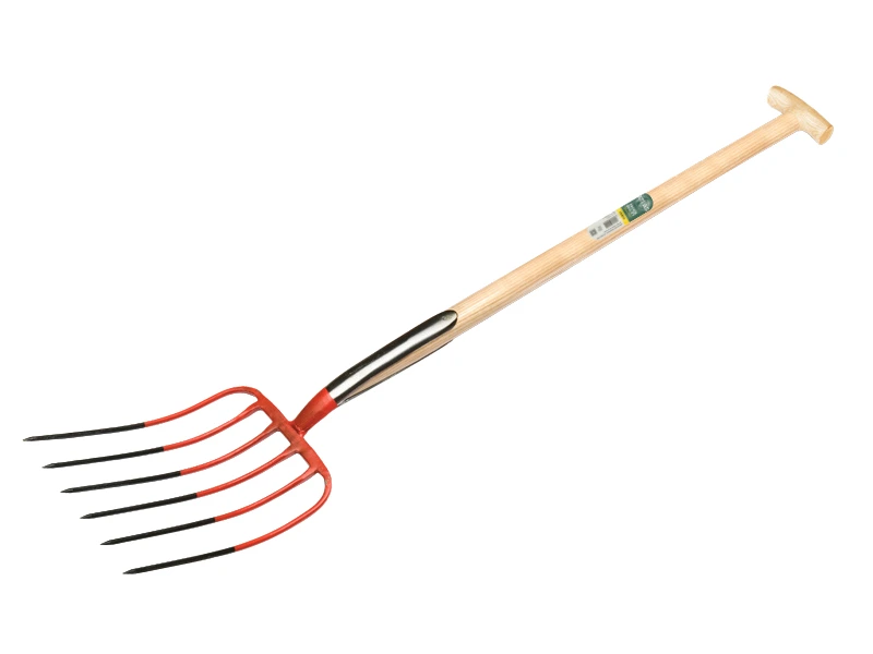 [916600] Fourche à fumier OFFNER 6 dents rouge, avec double ressort et manche de bêche en T ATLAS 90 cm
