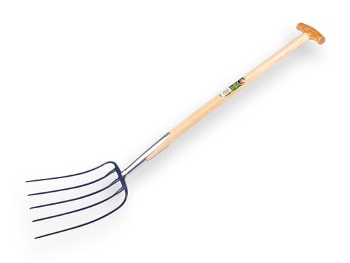 [915170] Manure fork ATLAS 5 tines blue, with ash wood T-handle 85 cm